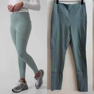 Athleta Delancey Moto Tight Teal Zip Hem Back Pocket High Waist Leggings medium